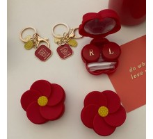 ロマンチックな花コンタクトケース赤い花カラコンケース可愛いコンタクトレンズケース赤い立体フラワー レッド色コンタクトケース鏡付き