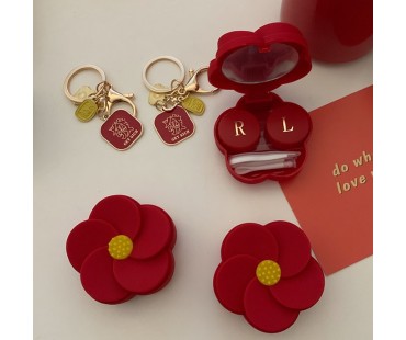 ロマンチックな花コンタクトケース赤い花カラコンケース可愛いコンタクトレンズケース赤い立体フラワー レッド色コンタクトケース鏡付き