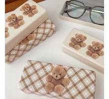 【在庫切れ】オリジナル高級メガネケース可愛いクマ熊メガネケース レディース メンズ インスタ映え便利チェック柄メガネ収納耐衝撃大きめ ハード眼鏡ケース