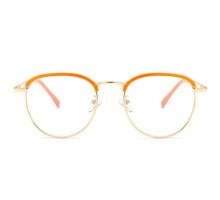 2023年トレンド眼鏡韓国おしゃれ伊達メガネ女性可愛いハーフリム オレンジ色クリアメガネ度付きレンズ度なしサーモントブロー丸い眼鏡メタルフレーム