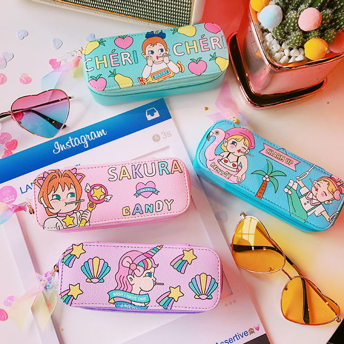 韓国おもしろいメガネケースかわいいキャラクター華やかプリント革レザー製デザイン学生メガネ収納おしゃれソフト携帯めがねケース眼鏡小物入れカードキャプターさくら便利