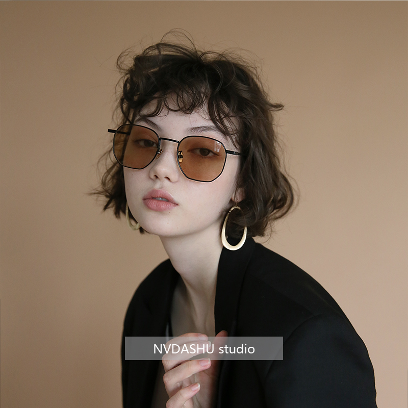 ファッション韓国クラシック多角形サングラスメガネ茶色